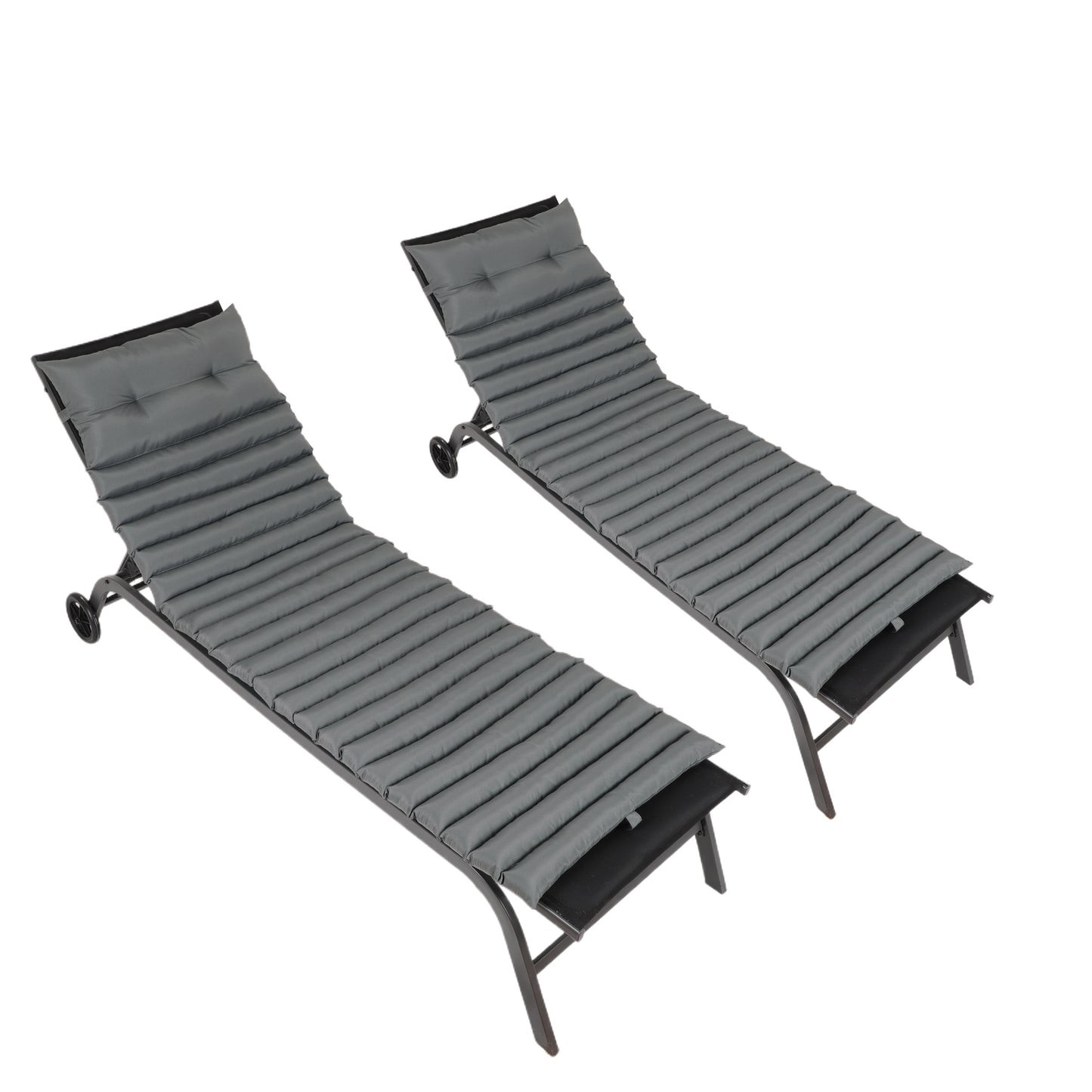 Two grey padded outdoor lounge chairs with metal frames and wheels