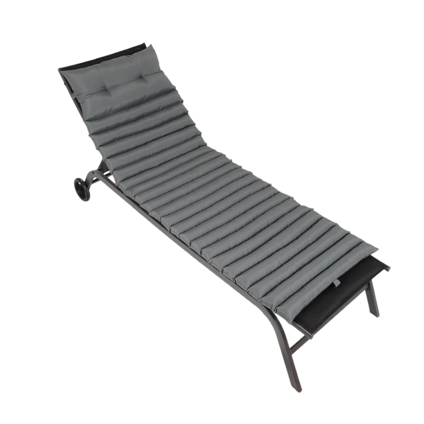 Grey padded chaise lounge chair with black metal frame and wheels