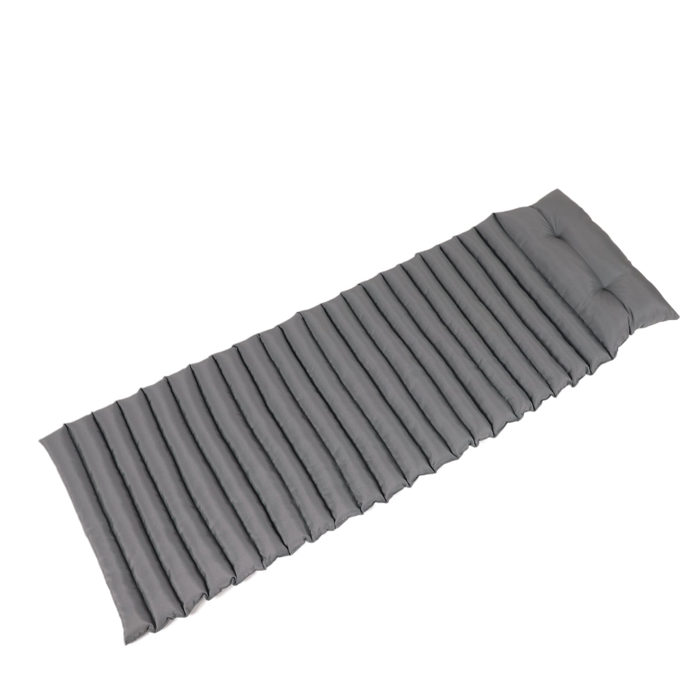 Grey inflatable sleeping pad with horizontal ribbed texture