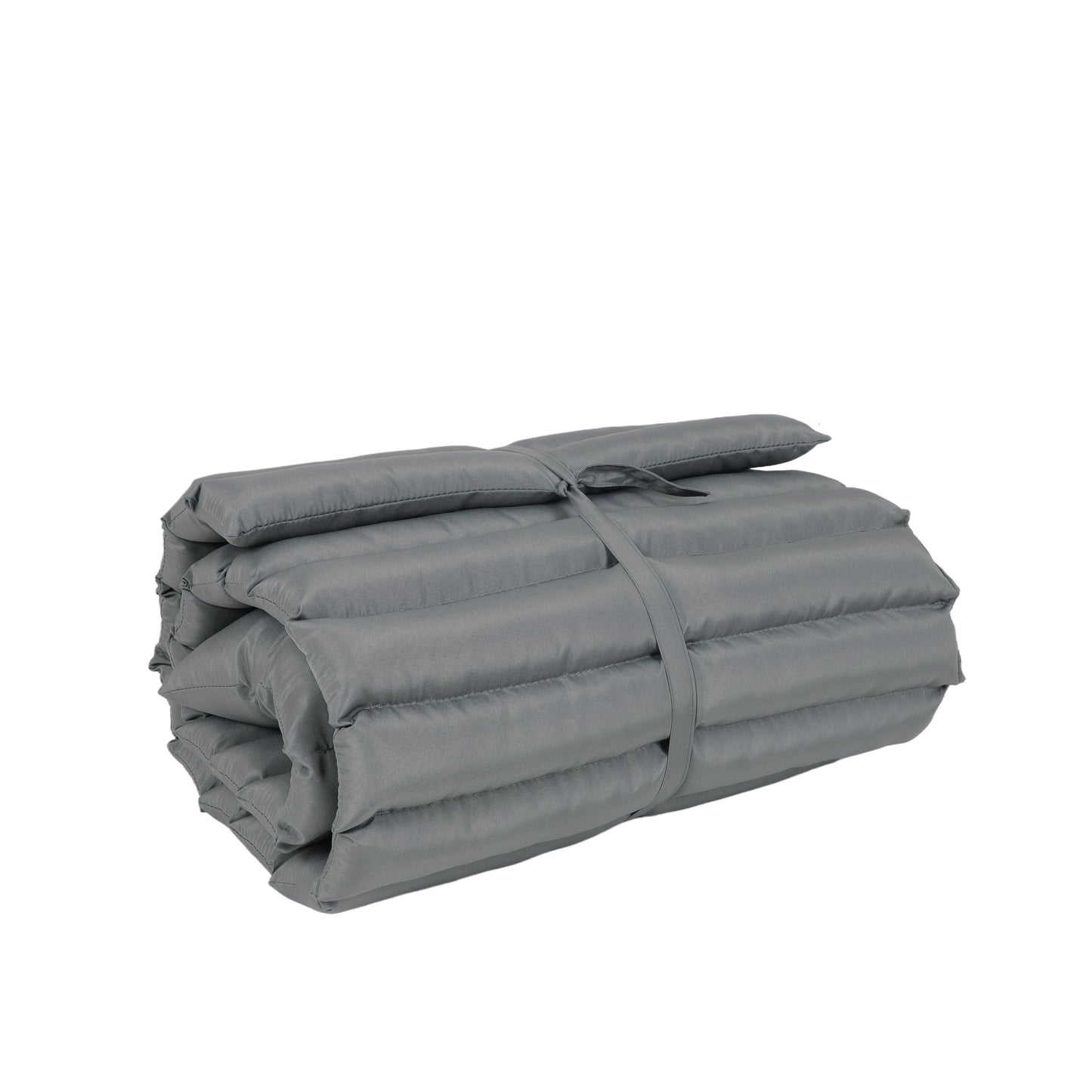 Rolled gray padded outdoor cushion with fabric tie closure