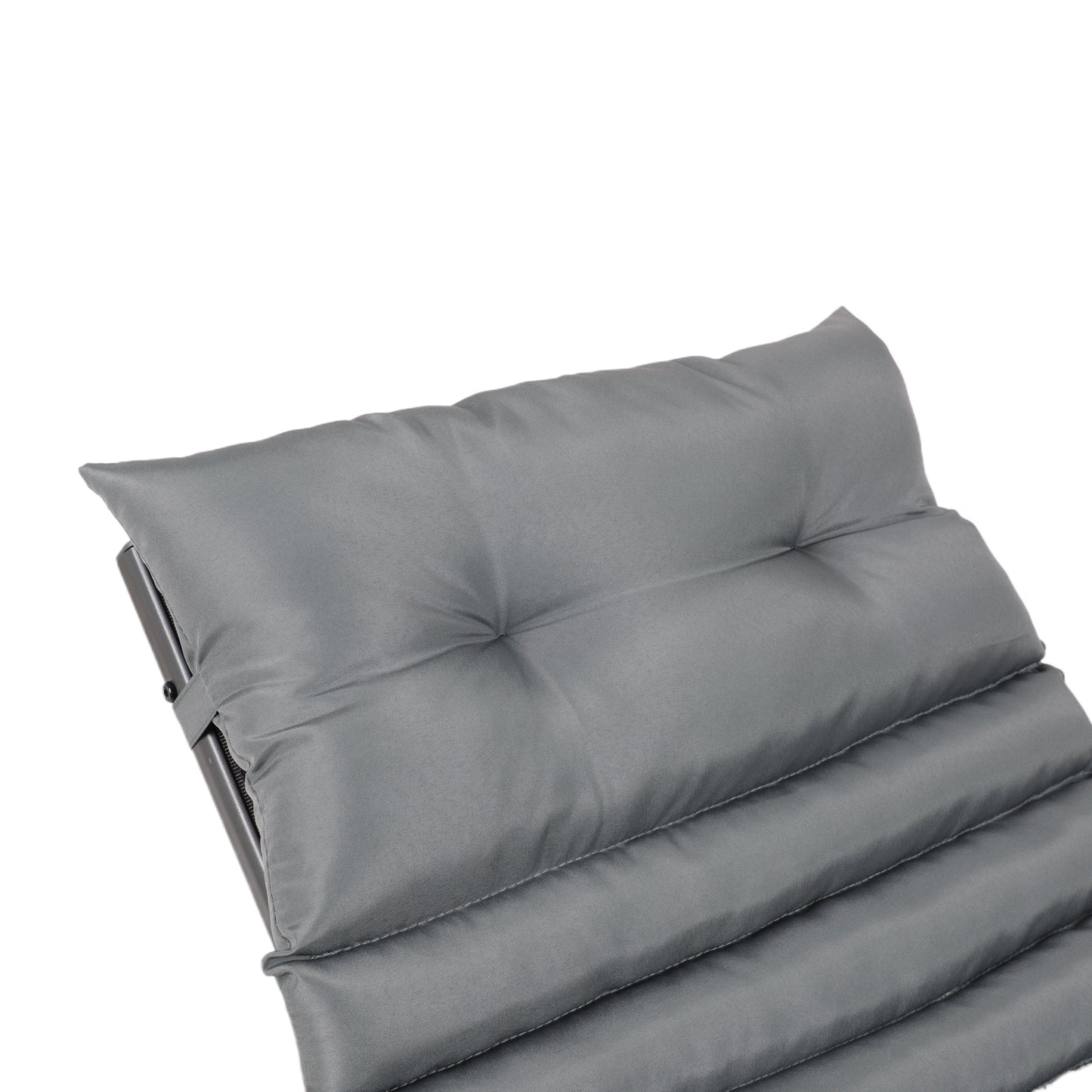 Closeup of a gray tufted cushion for a lounge chair showcasing its plush texture