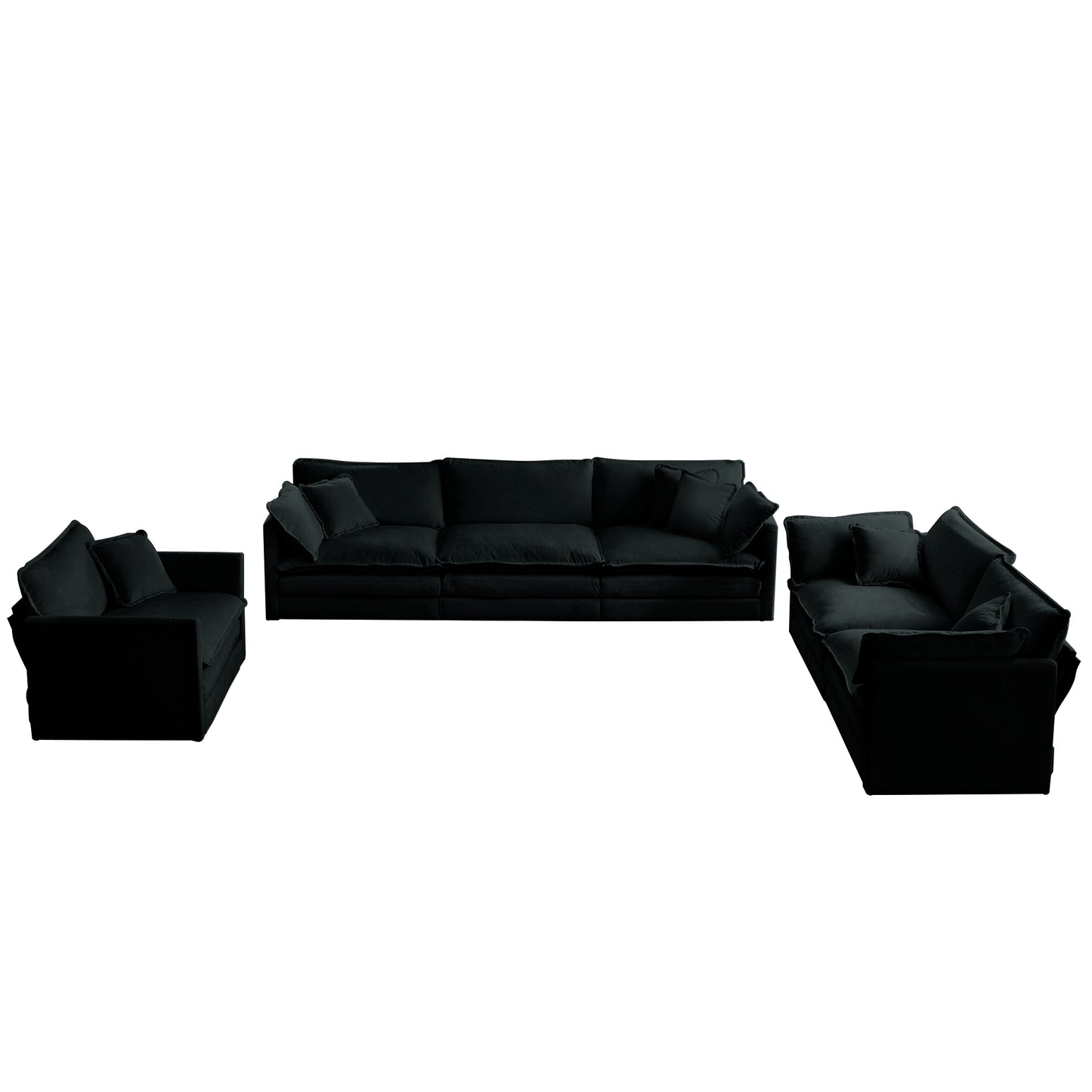 Plush black velvet sectional sofa with deep cushions and matching throw pillows perfect for modern living rooms