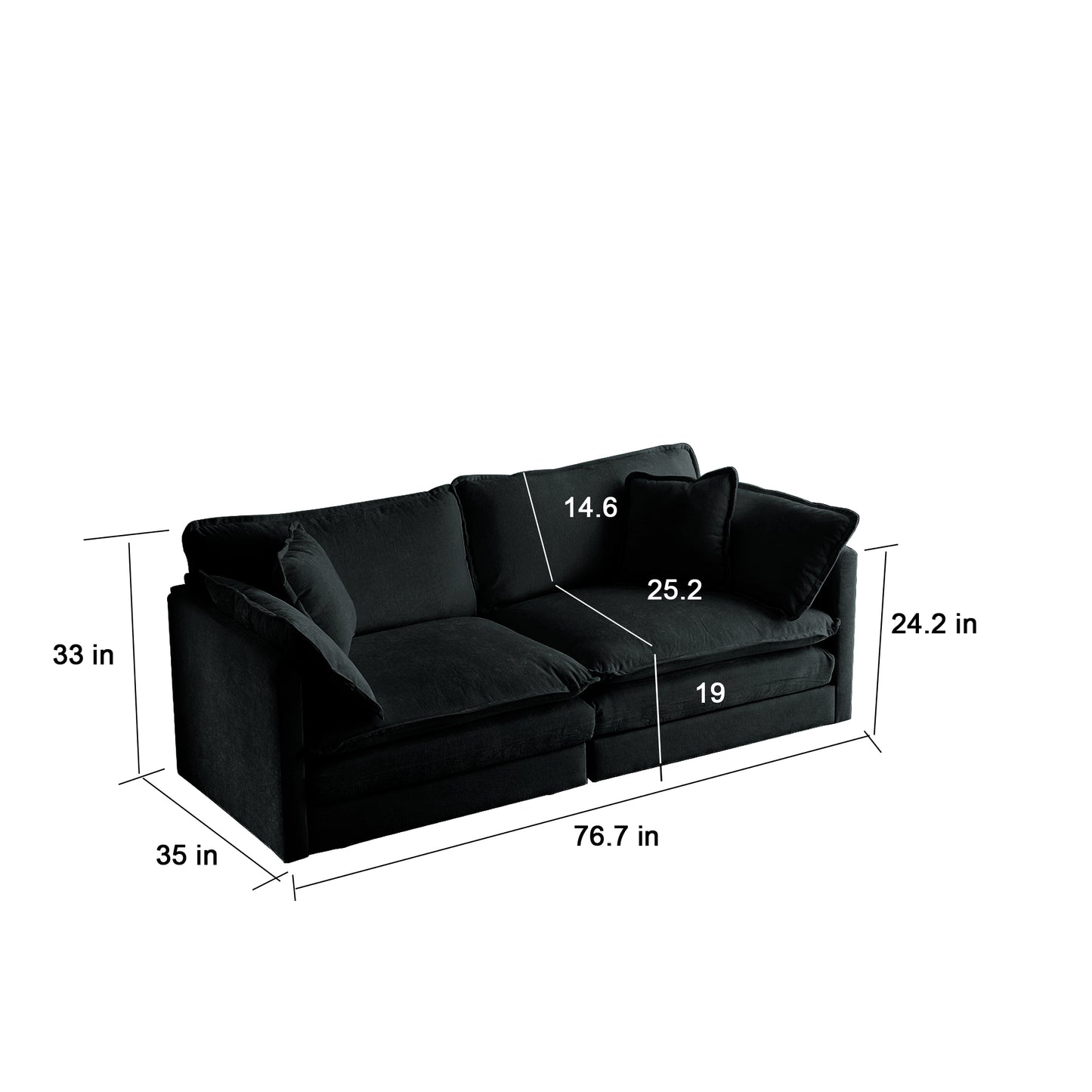 Black velvet sectional sofa with plush cushions measuring inches wide