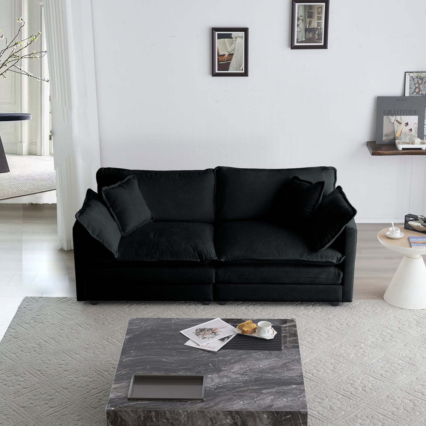 Plush black velvet sofa with two matching throw pillows ideal for modern living rooms