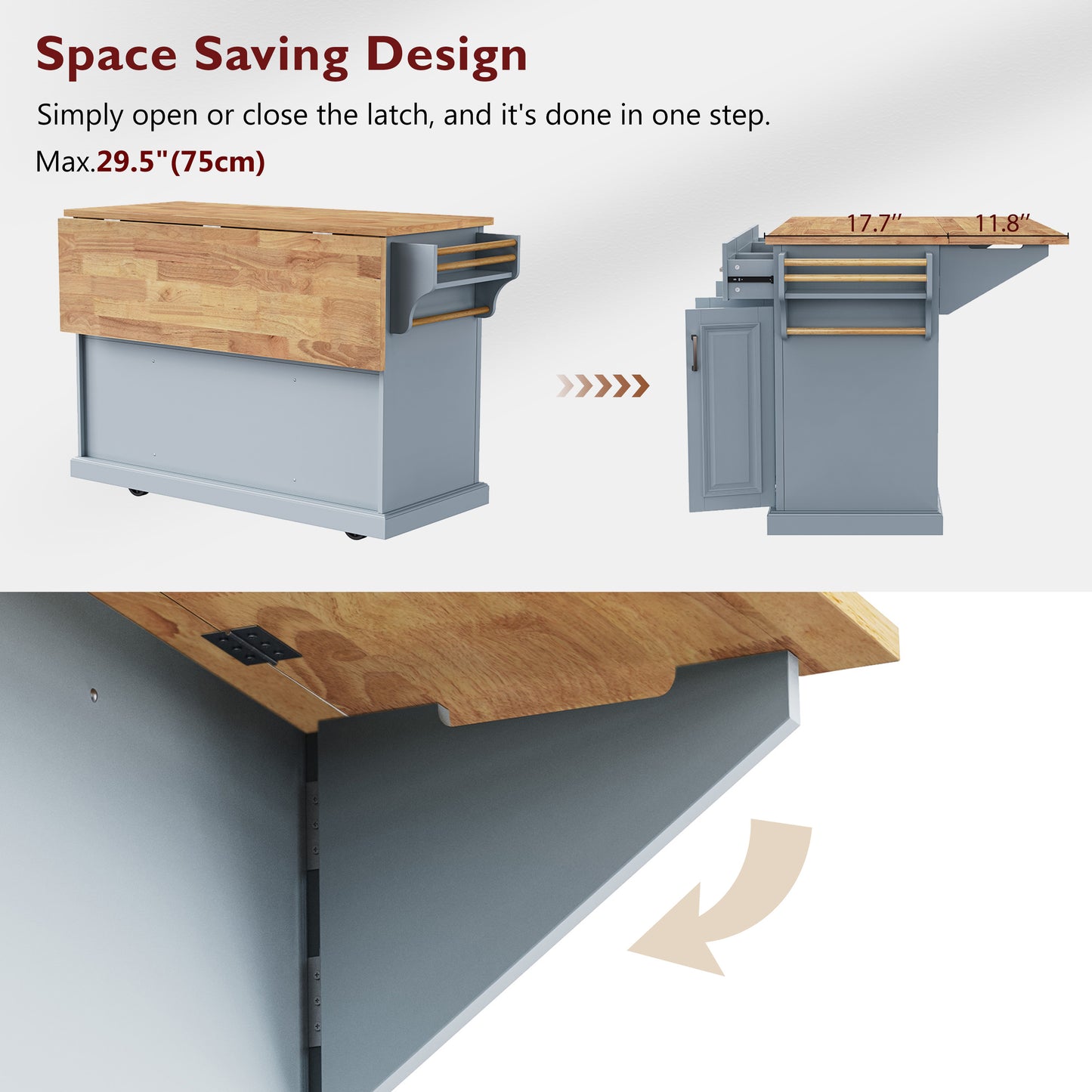 Gray kitchen island with a butcher block top featuring a dropleaf design
