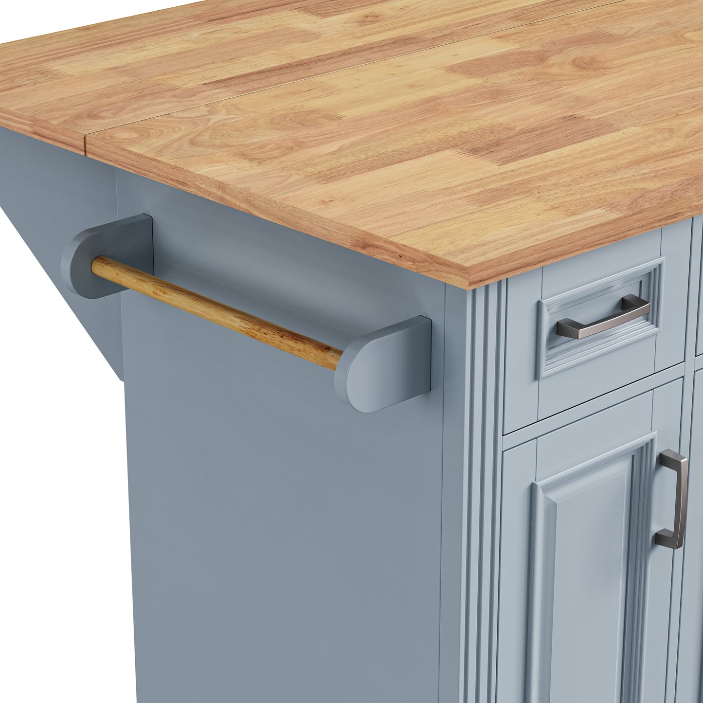 Gray kitchen island with butcher block top and towel bar