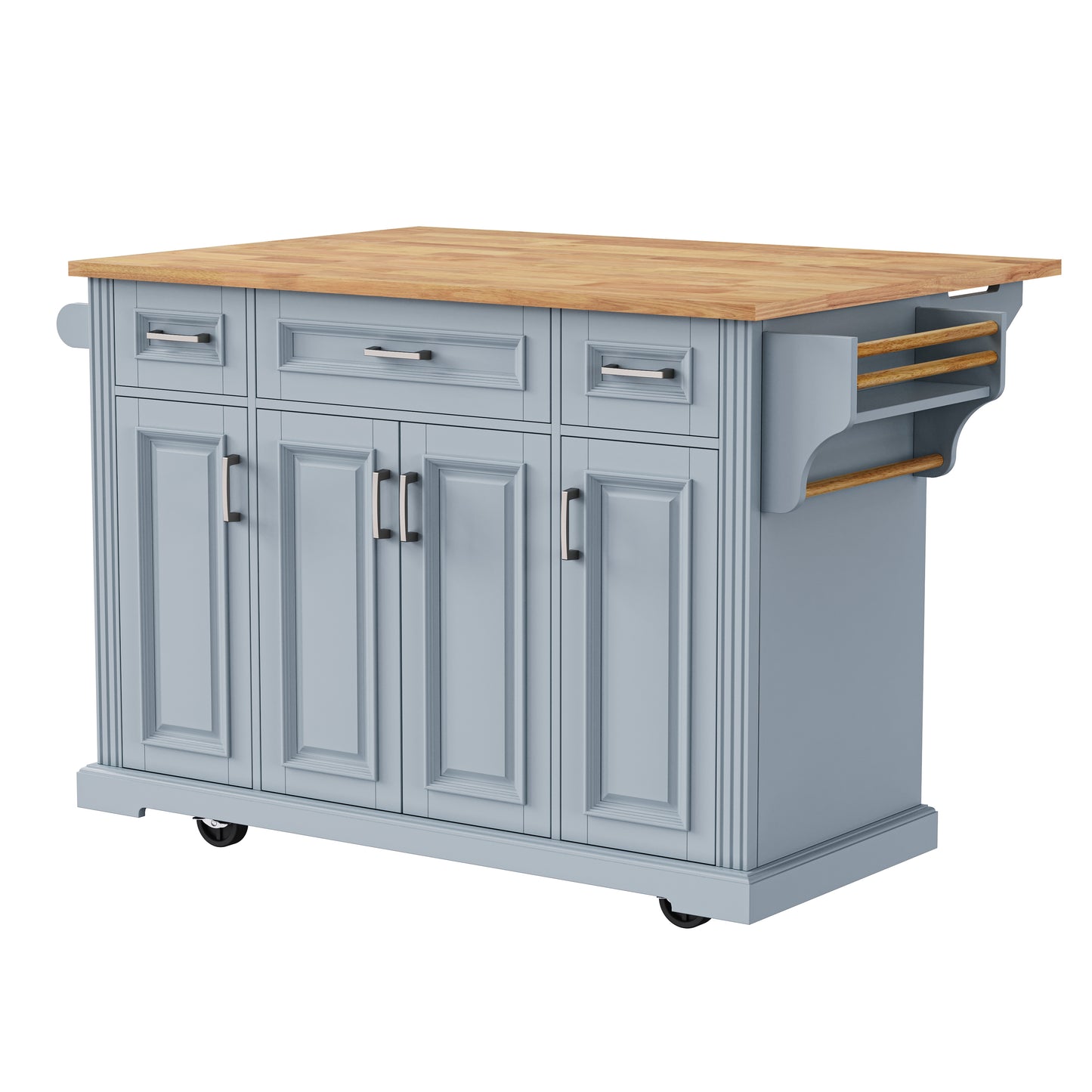 Light blue kitchen island with butcher block top and side towel racks for prep