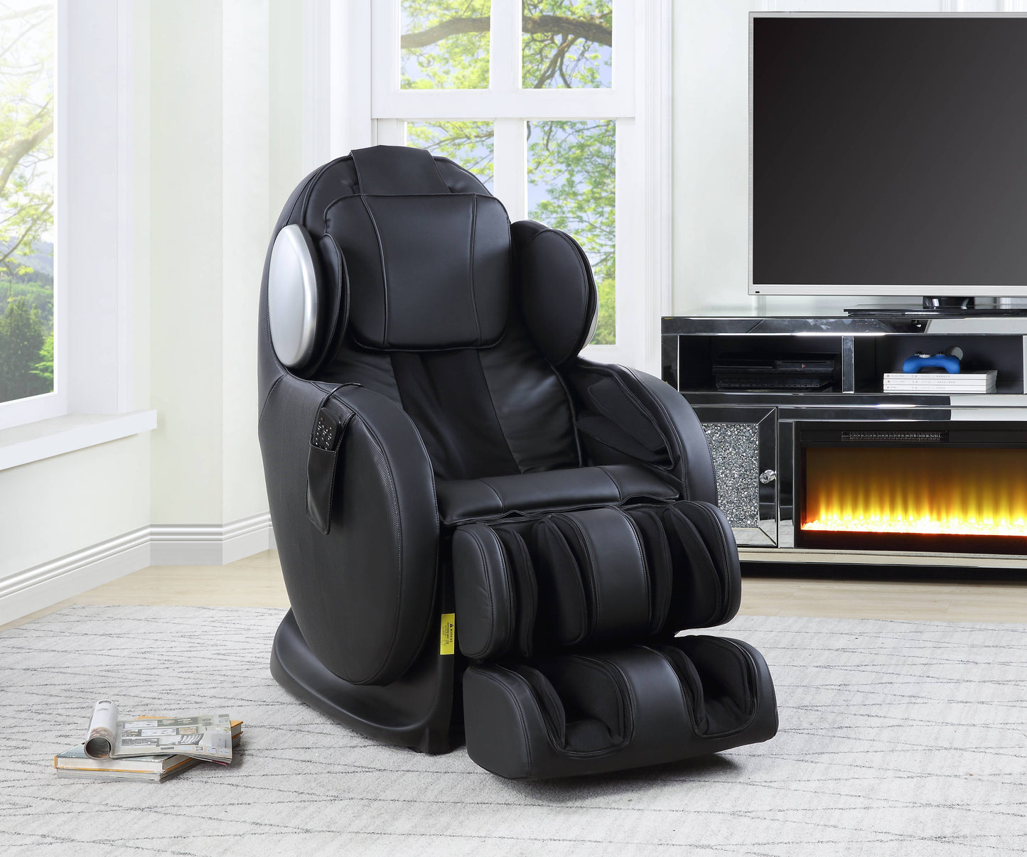 Black faux leather fullbody massage chair with adjustable footrest and remote pocket