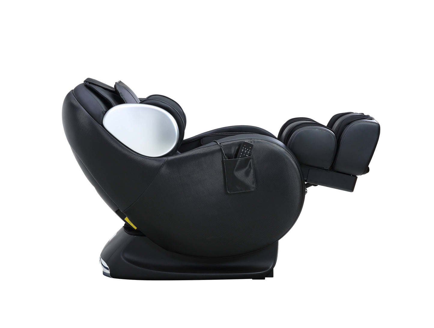 Black faux leather massage chair with silver accents and remote pocket