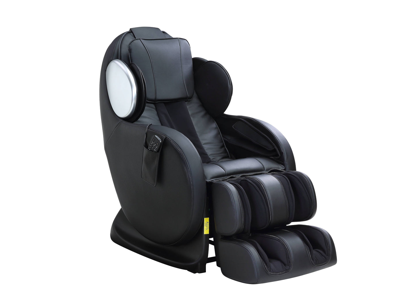 Black faux leather massage chair with footrest and remote control