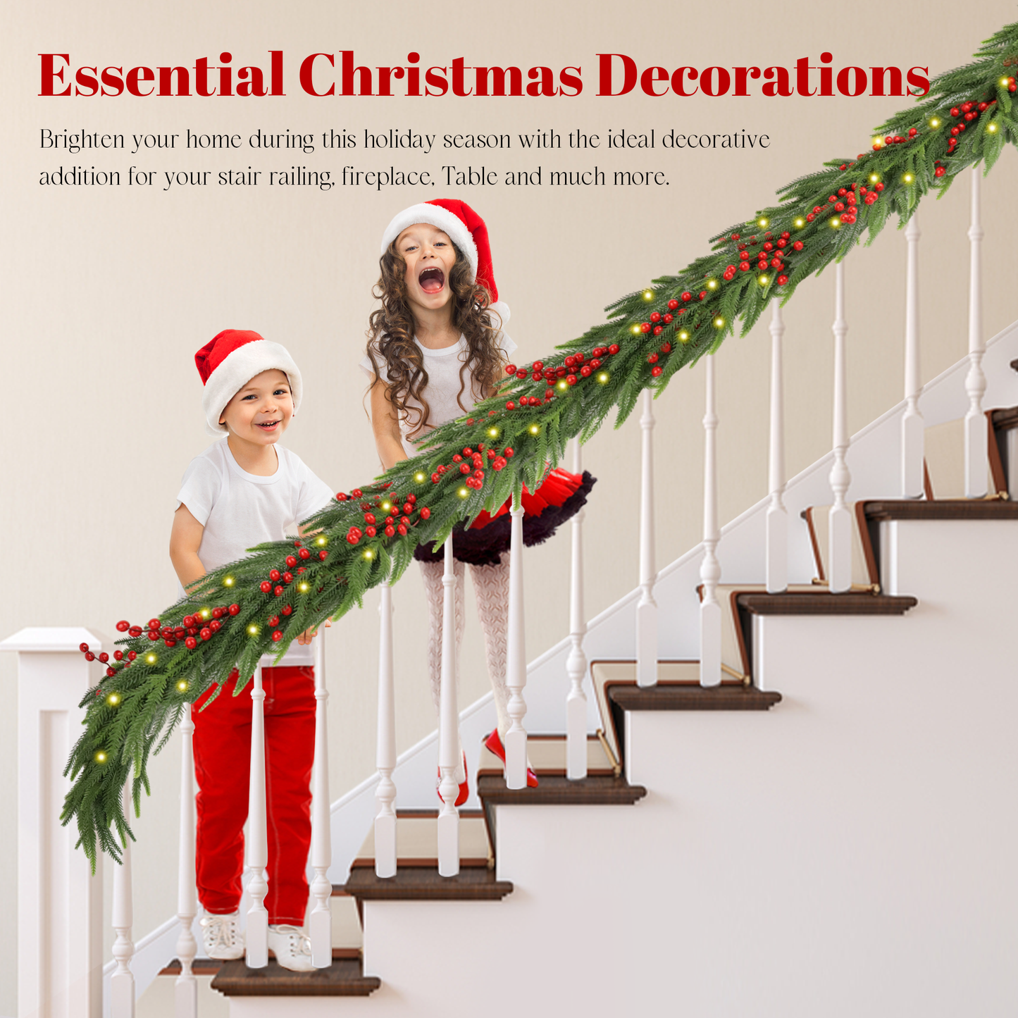 Green pine garland with red berries and warm LED lights perfect for festive stair decoration