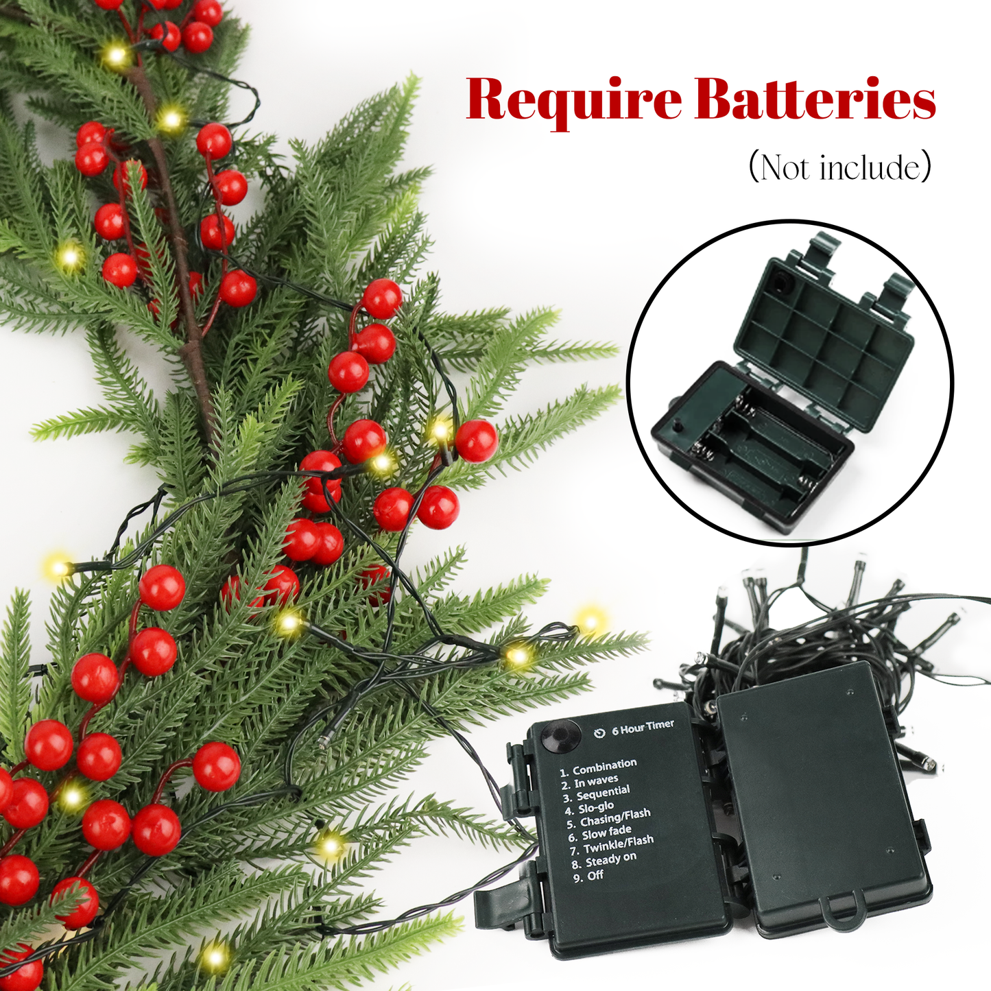 Battery operated Christmas lights with green pine needles and red berries