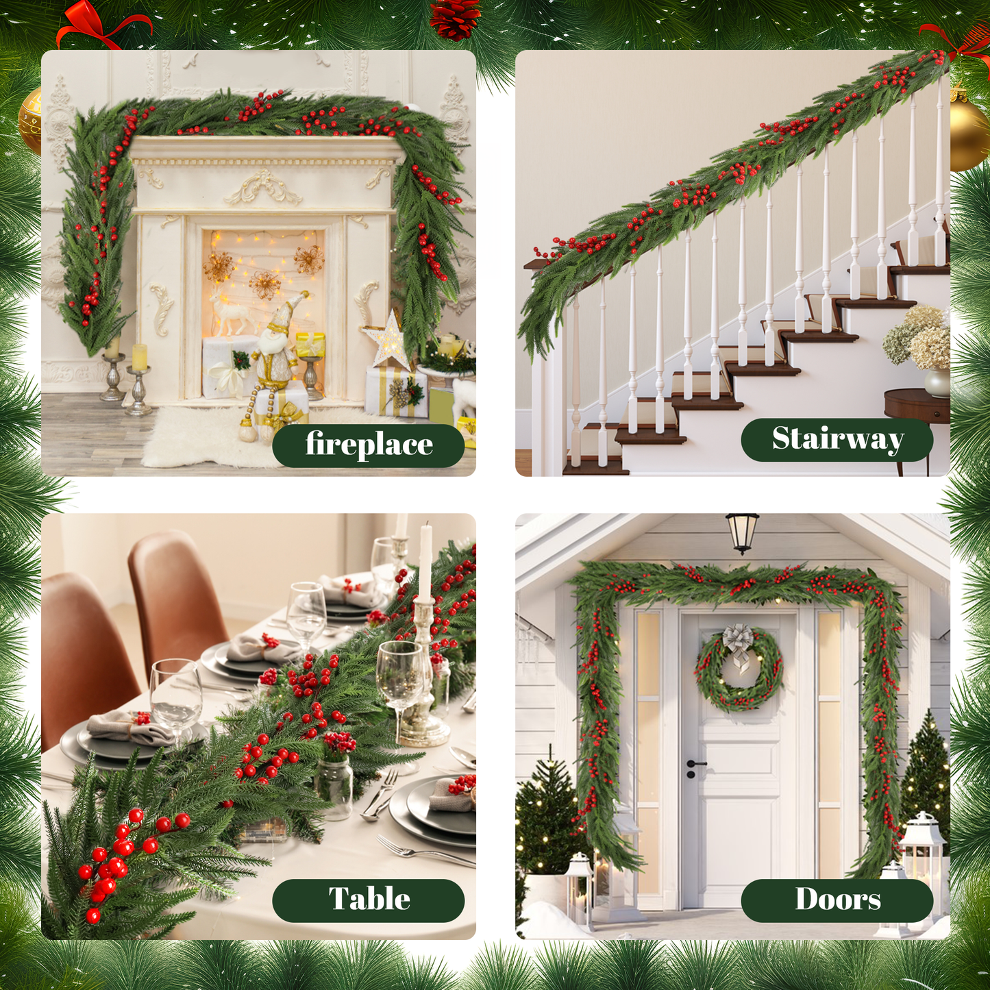 A lush green Christmas garland with red berries draped over a decorated fireplace mantel
