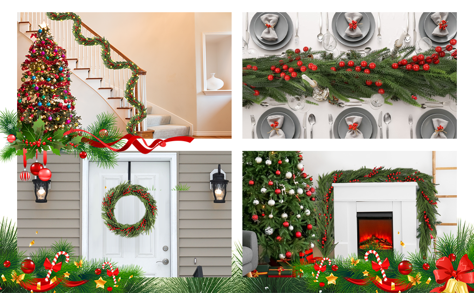 Festive Christmas garland with red berries and lights winding up a staircase