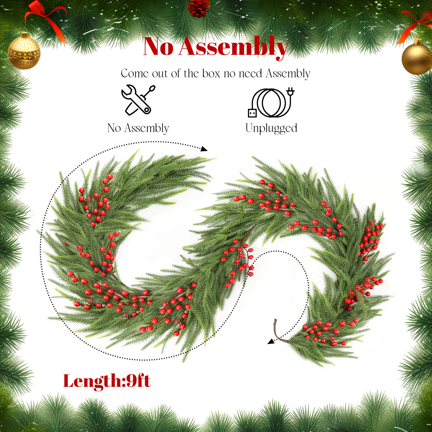 ft artificial Christmas garland with lush green fir branches and bright red berries