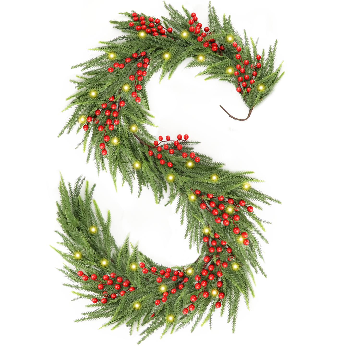 Green artificial garland with red berries and warm LED lights shaped like the letter S