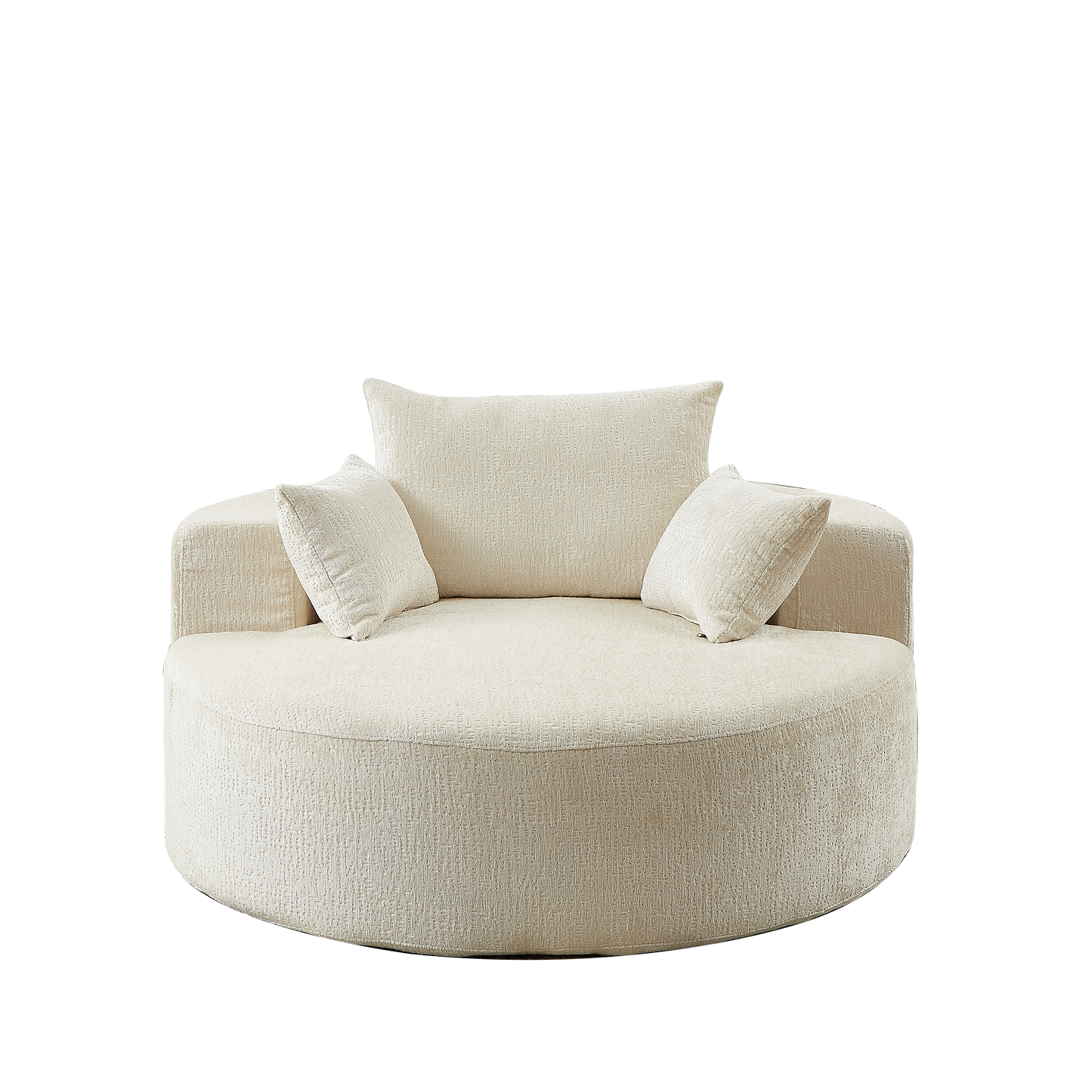 Cream textured fabric swivel chair with two accent pillows