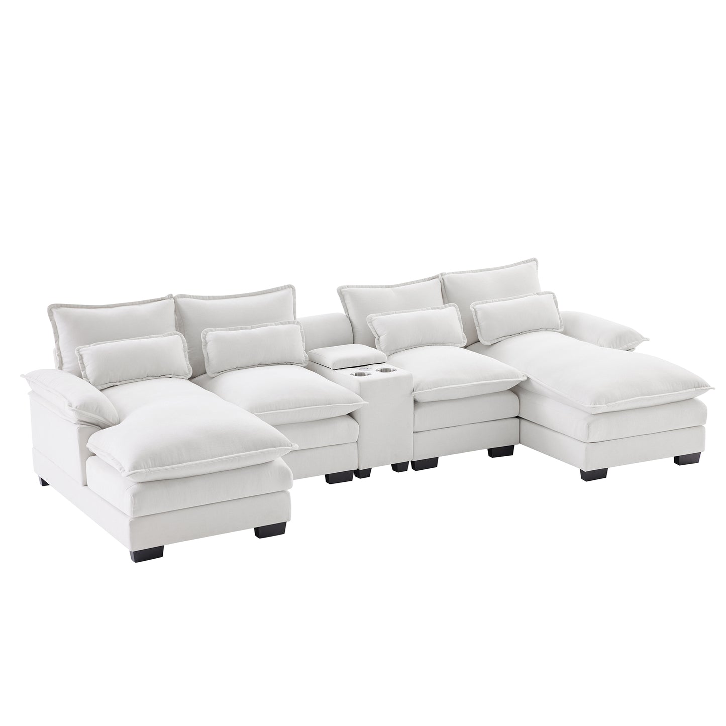White linen sectional sofa with plush cushions and builtin cup holders for a home theater