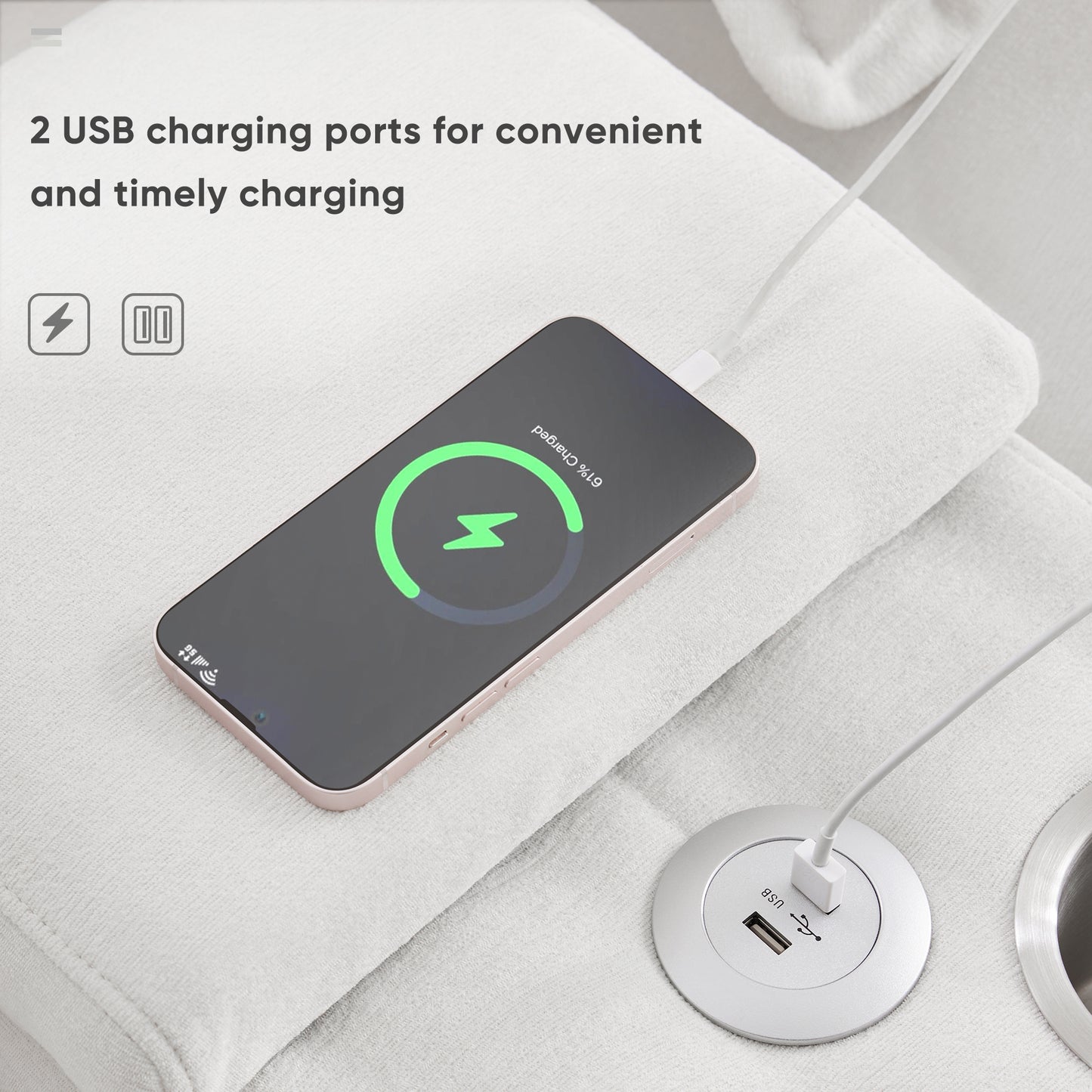 Silver USB charging port on a textured white surface powering a smartphone