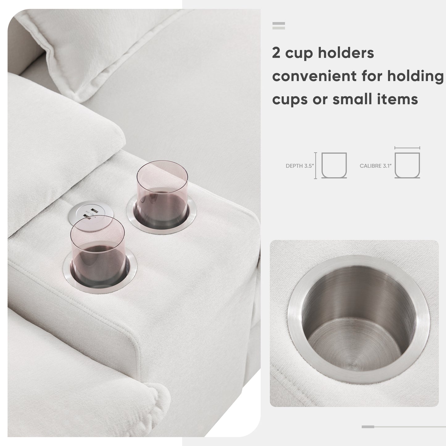 Closeup of two white recliner cup holders with stainless steel inserts one holding a glass