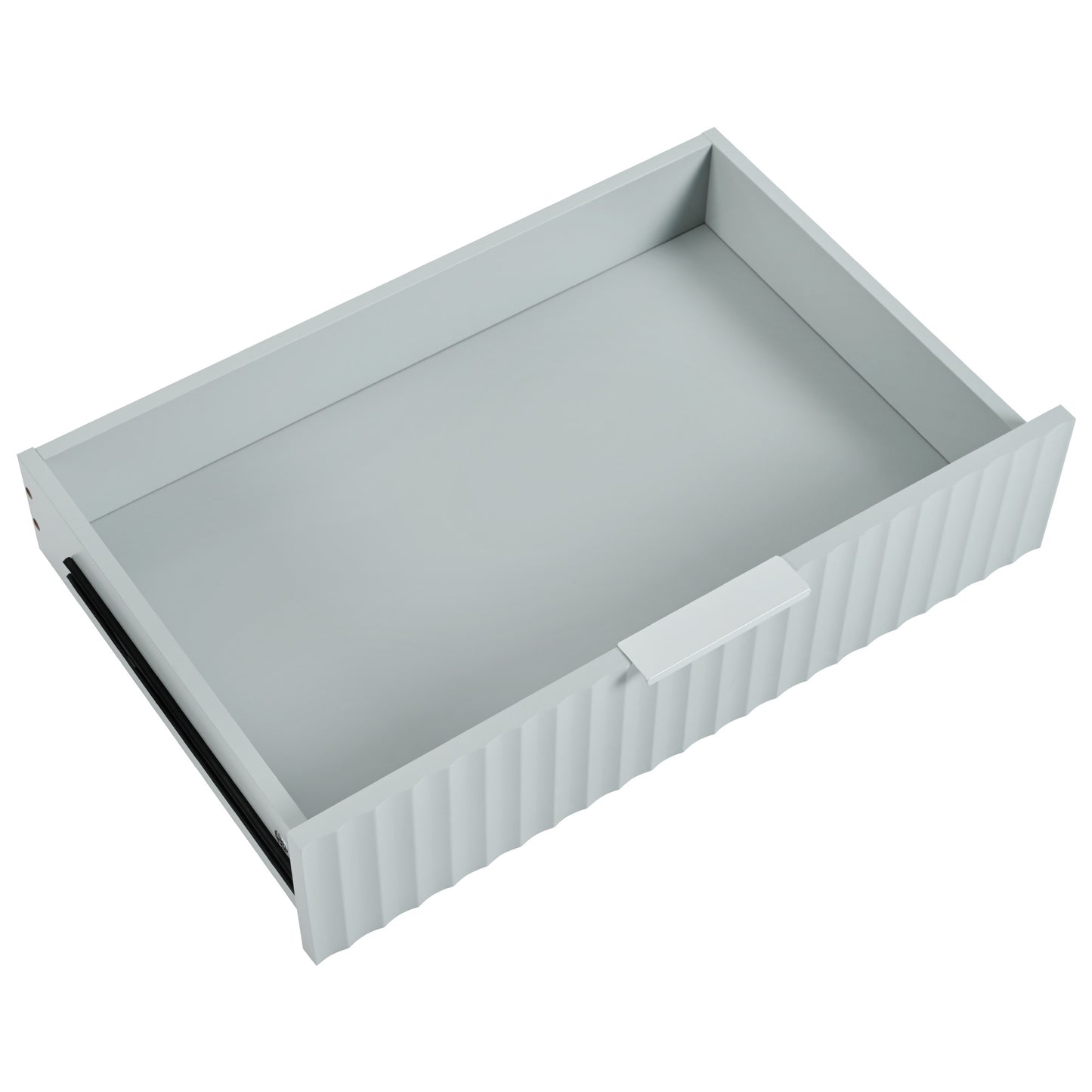 Light gray fluted drawer with silver handle and metal runners