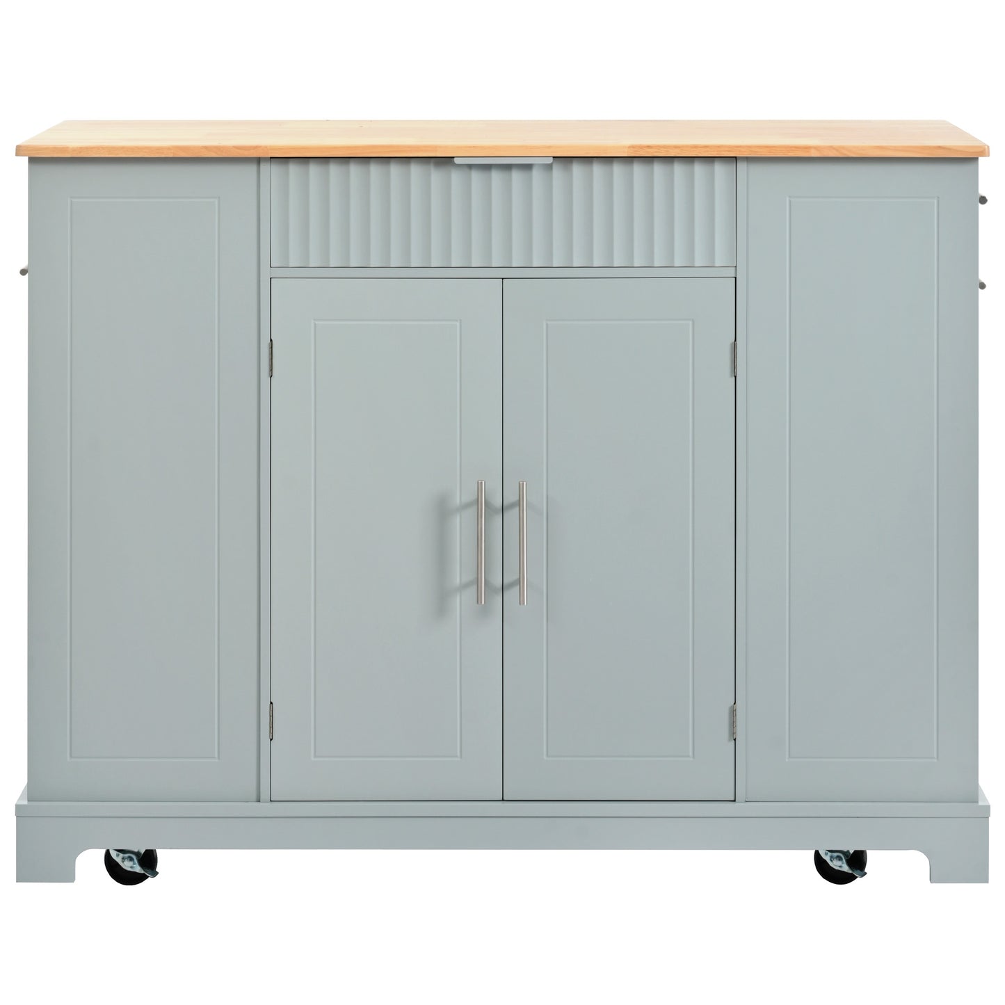 Grey kitchen island cart with wooden top and silver handles