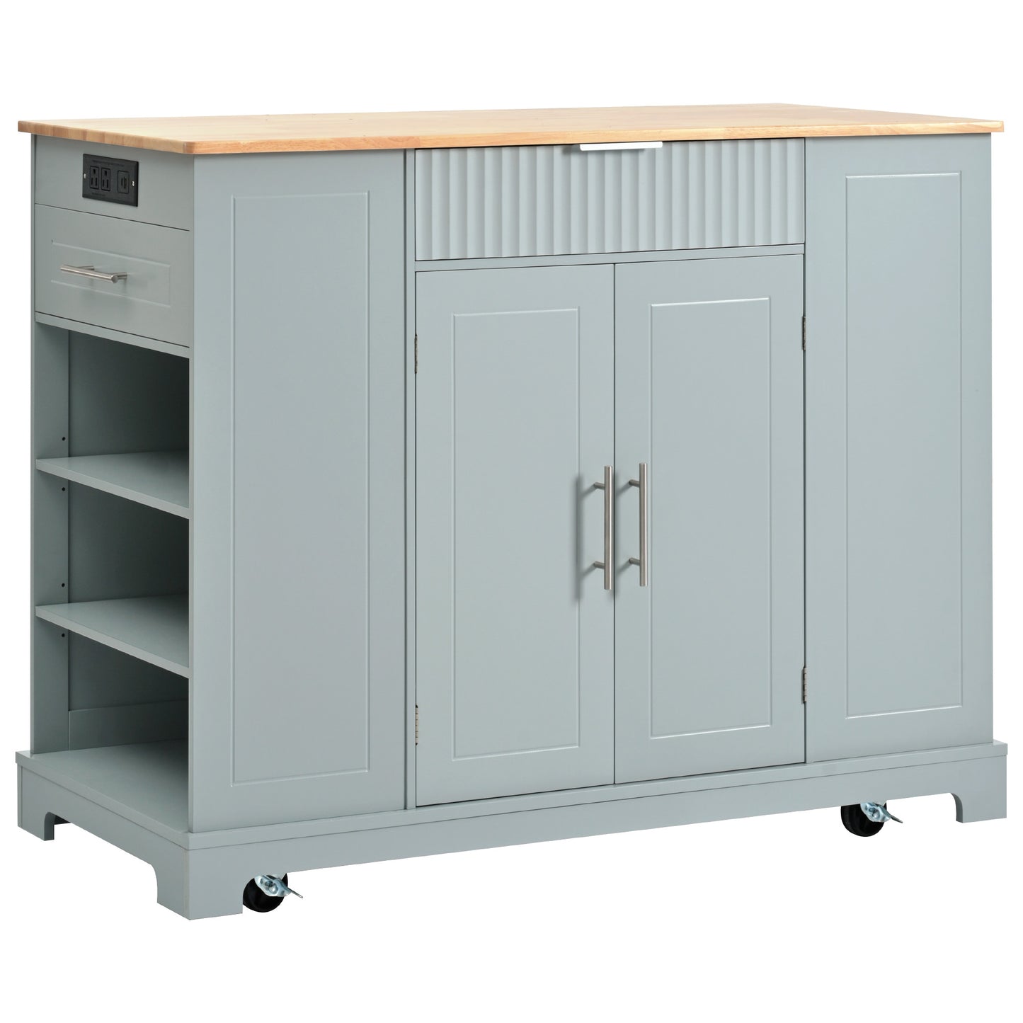 Grey kitchen island cart with wood top two doors and integrated power outlets