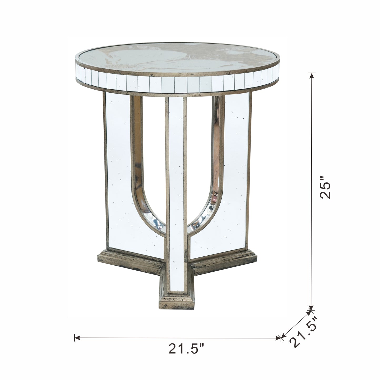 Antique mirrored accent table with metallic gold distressed finish and Ushaped pedestal
