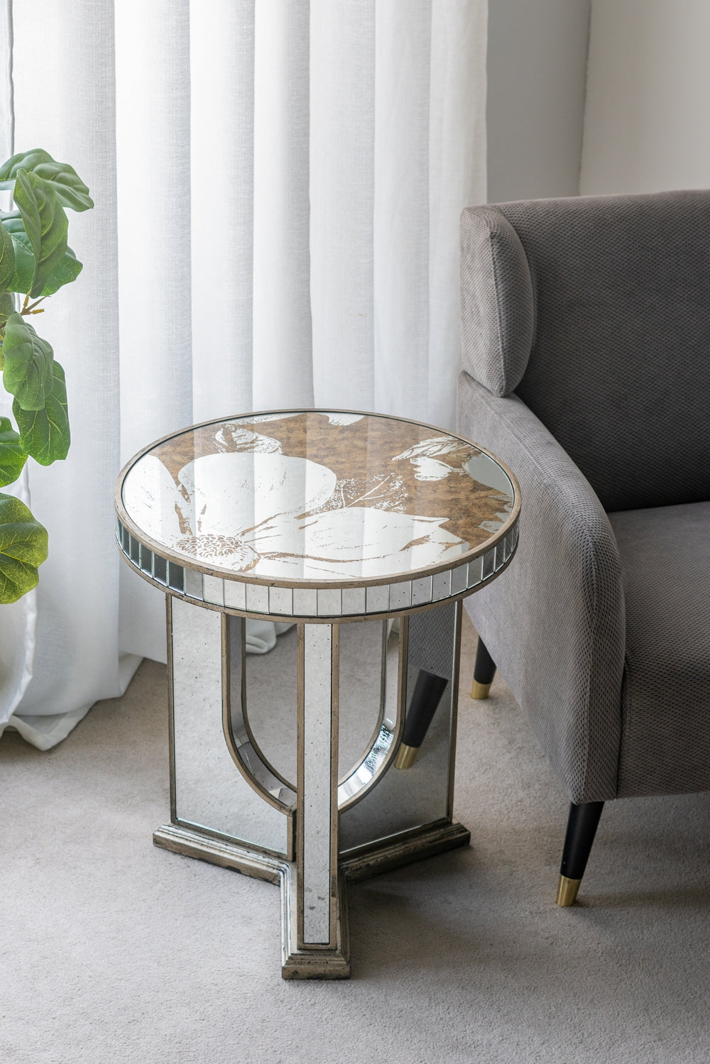 Ornate mirrored side table with floral glass top perfect accent furniture