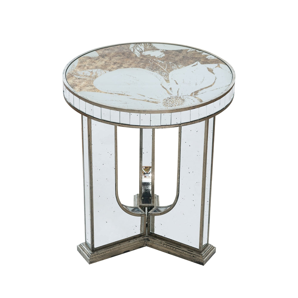 Round mirrored accent table with floral glass top