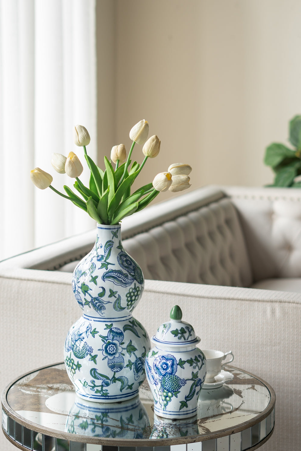 Classic blue and white ceramic ginger jar with floral motif perfect for home decor