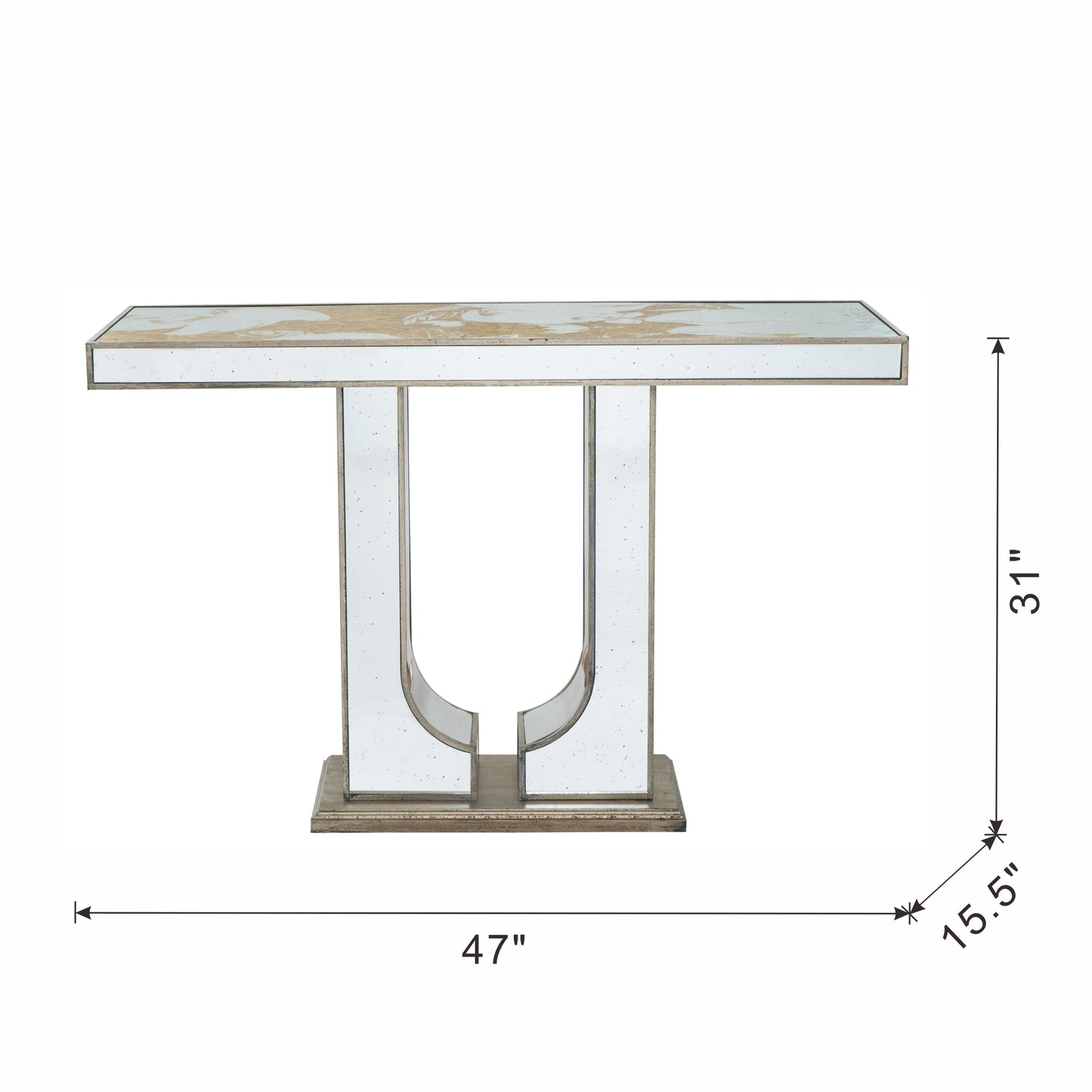 Glamorous mirrored console table with textured wood inlay top and unique pedestal base