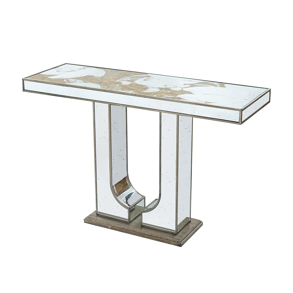 Mirrored console table with gold marbled top and art deco legs perfect for entryways