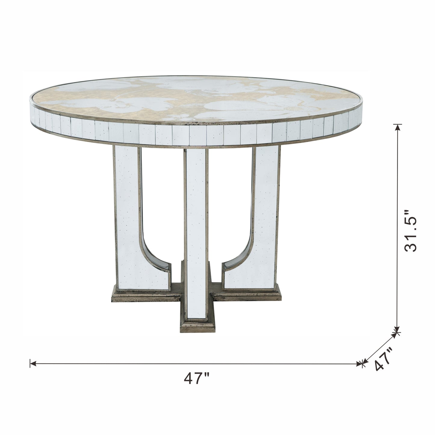 Round mirrored dining table with antique gold accents and pedestal base