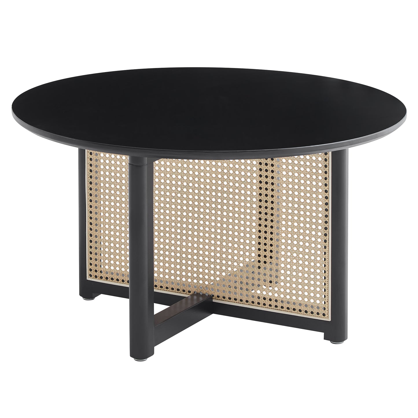 Round black dining table with natural cane inlay on base