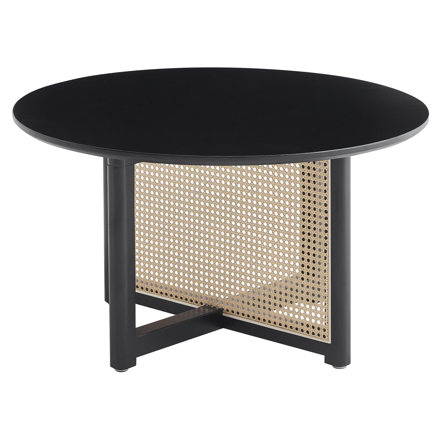 Black round dining table with cane detailing on the base modern design