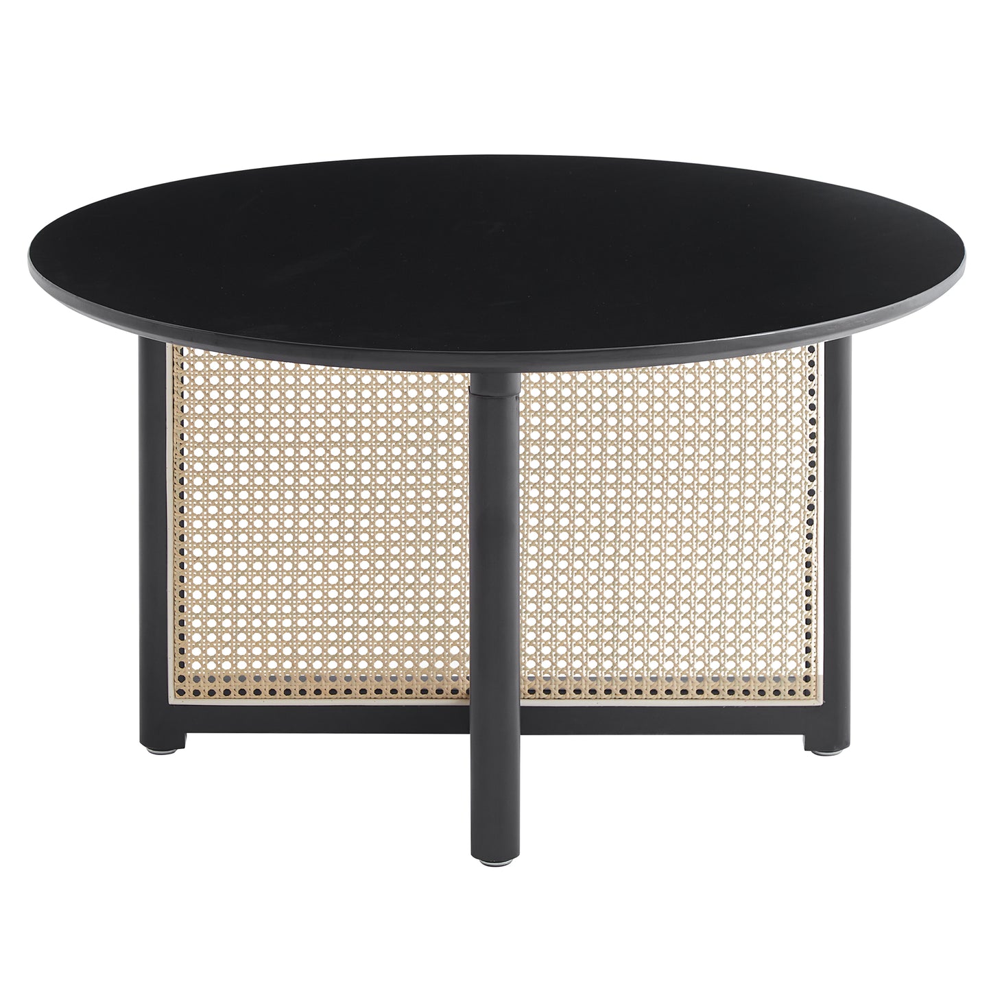 Round black coffee table with woven cane accents and dark metal legs