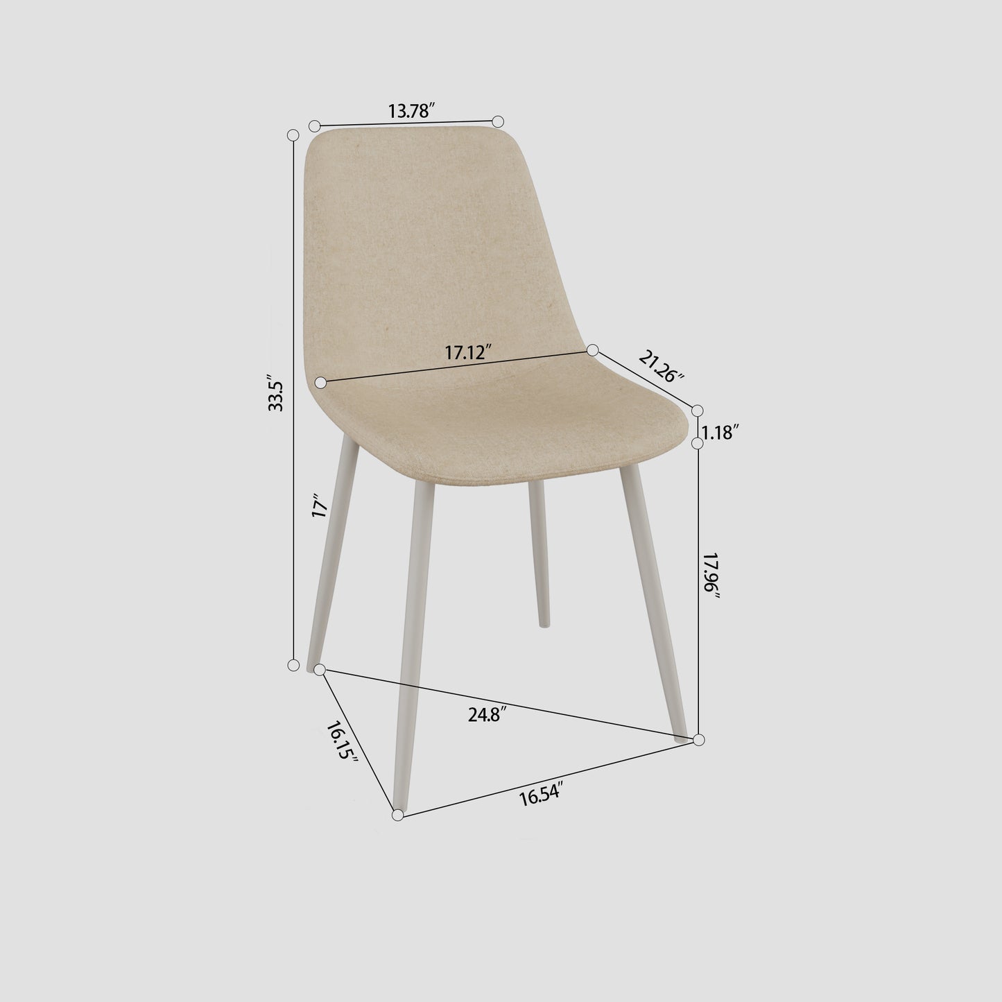 Beige fabric dining chair with slim metal legs providing a modern aesthetic and comfortable seating