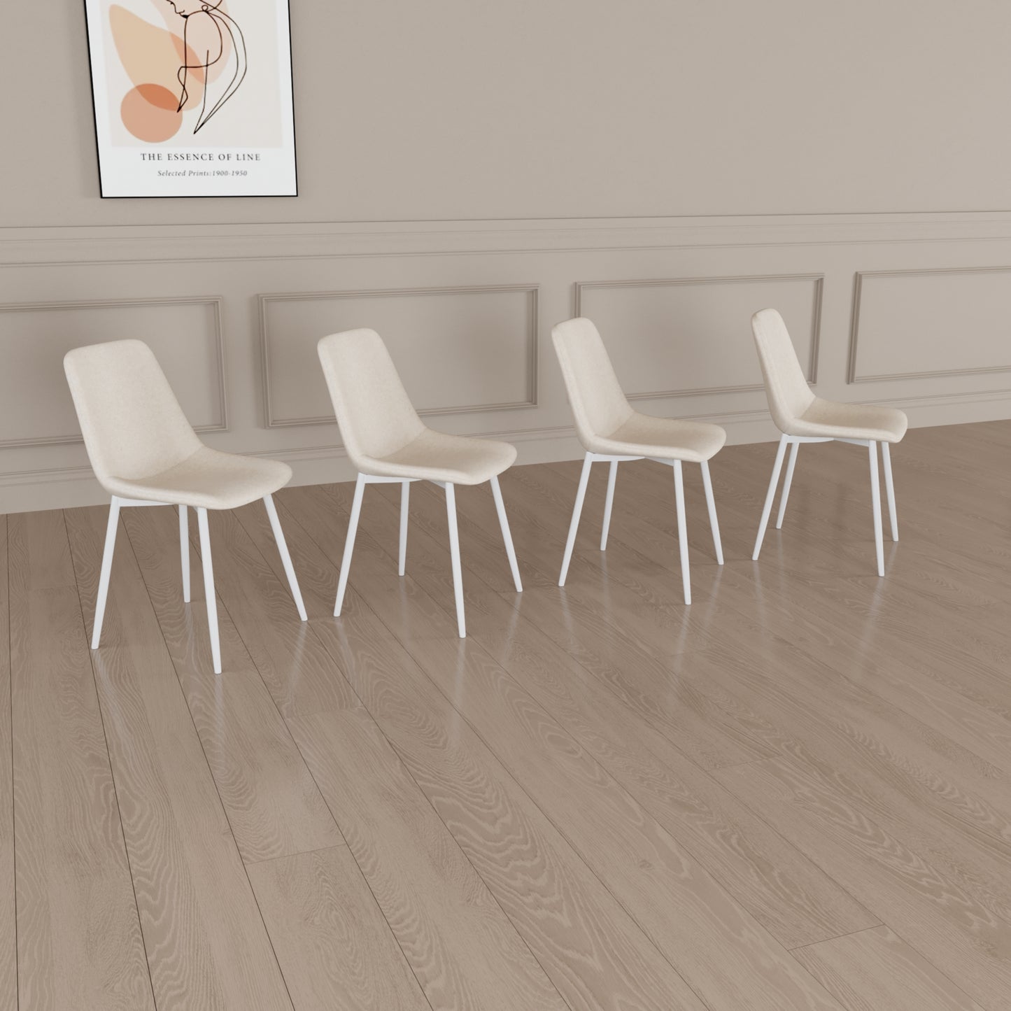 Four beige upholstered dining chairs with slender white metal legs on a light wood floor