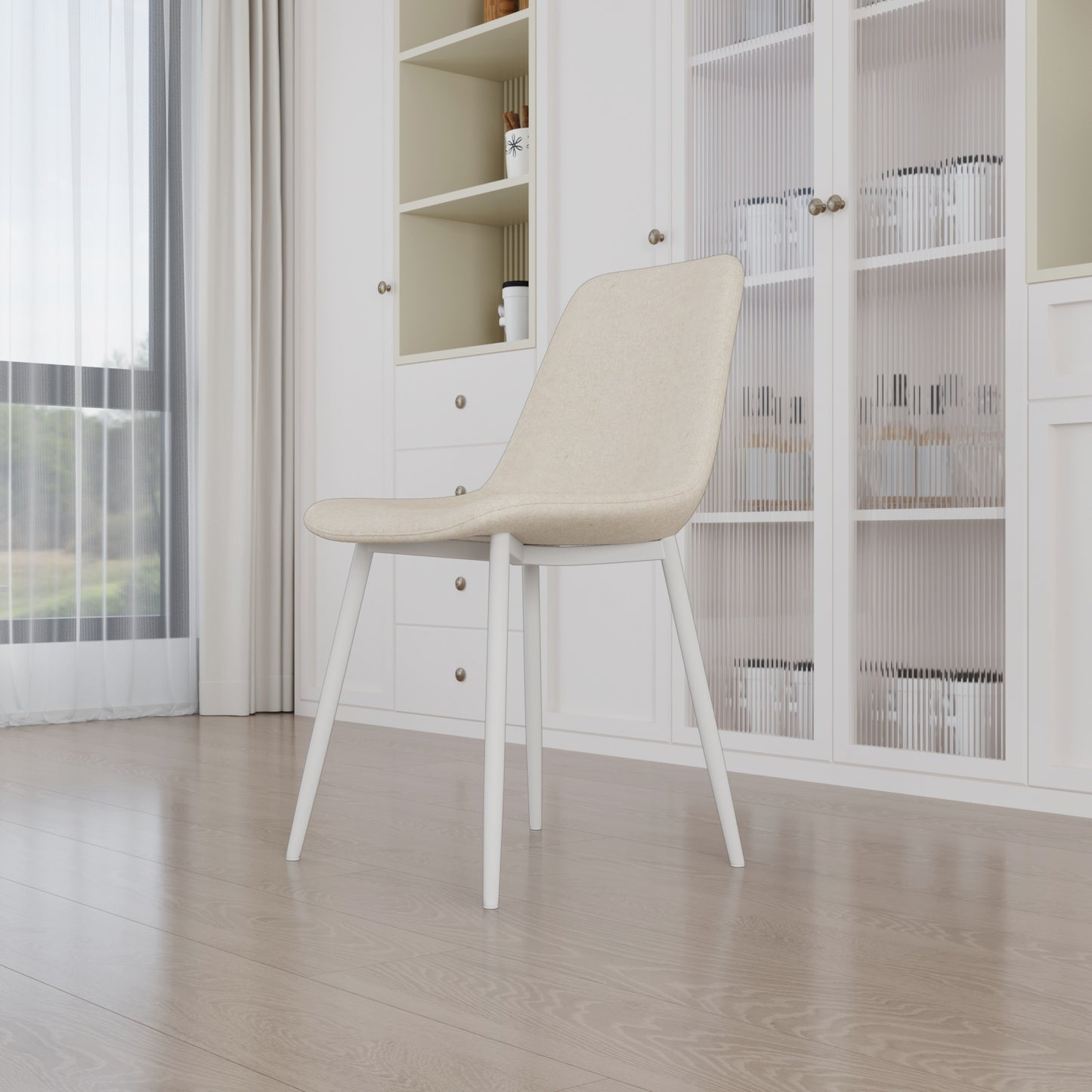 Cream upholstered dining chair with white metal legs modern design