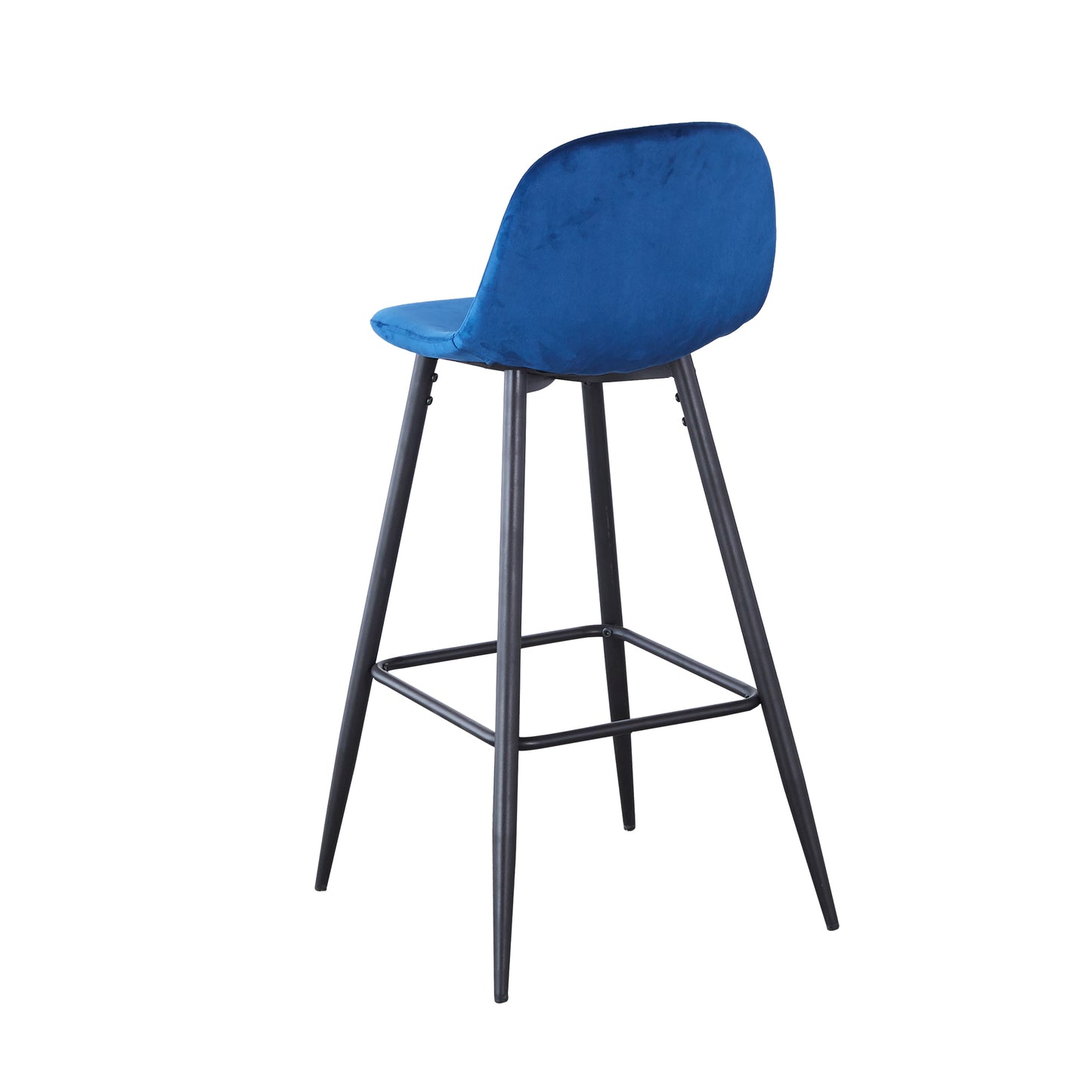 Royal blue velvet upholstered bar stool with black metal legs
