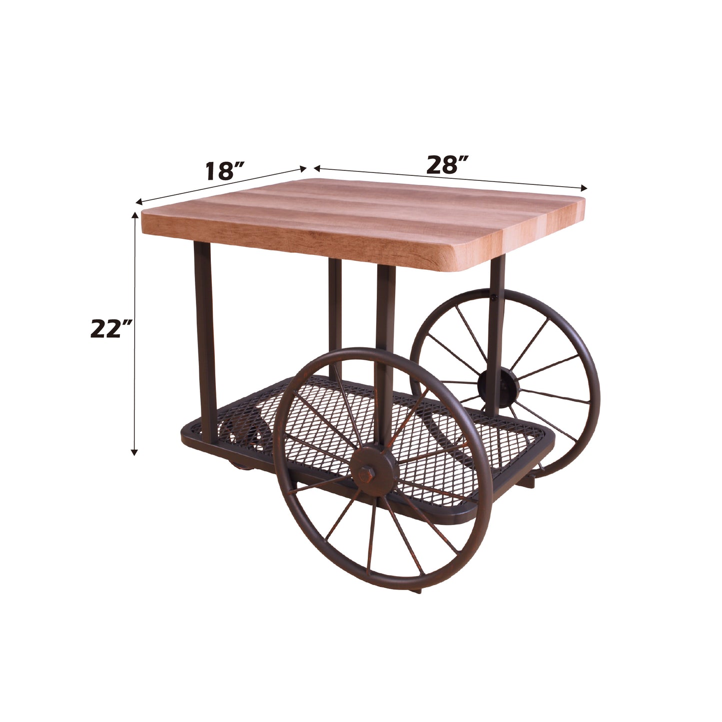 Wooden side table with metal mesh shelf and decorative wheels A unique rustic accent table for living rooms or patios