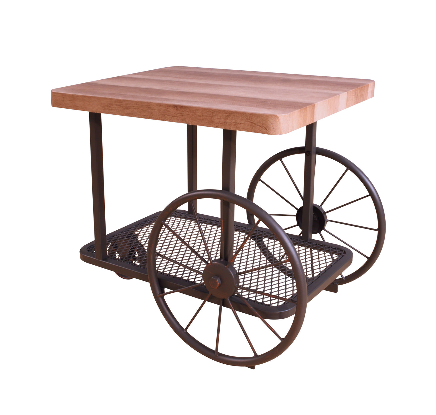 Industrial style side table with distressed metal wheels and wooden top