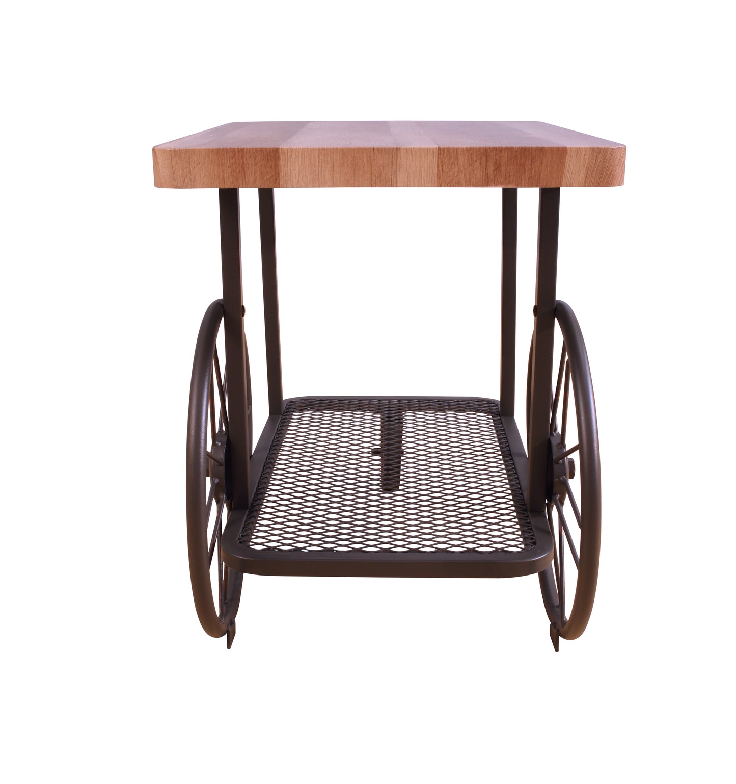 Wooden farmhouse side table with decorative wheels and metal mesh shelf
