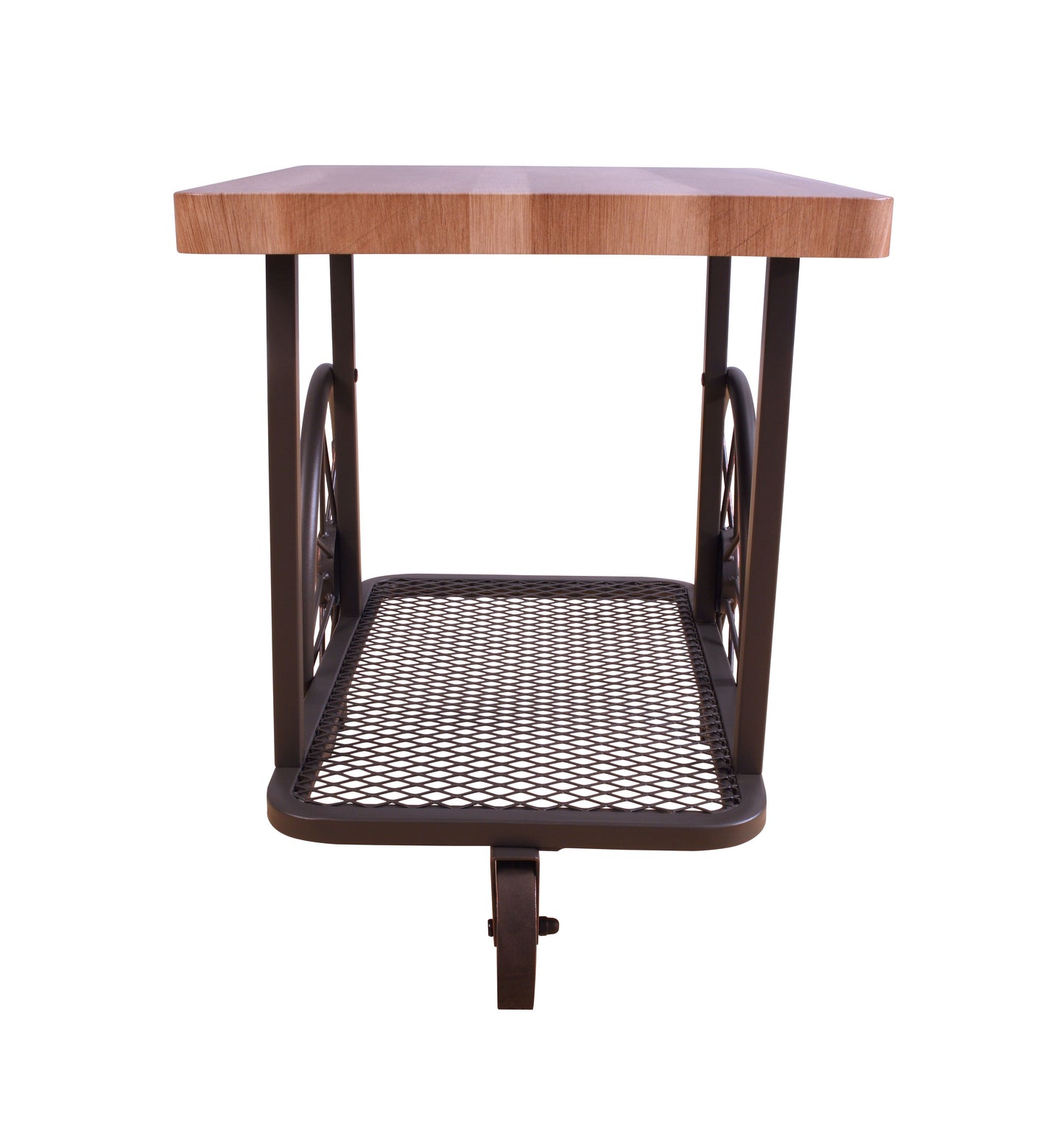 Rustic industrial side table with wooden top and metal mesh shelf