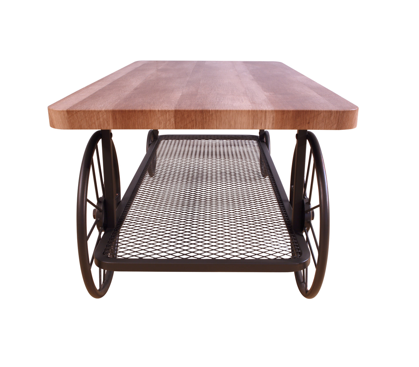 Rustic wooden coffee table with industrial metal wheels and mesh shelf