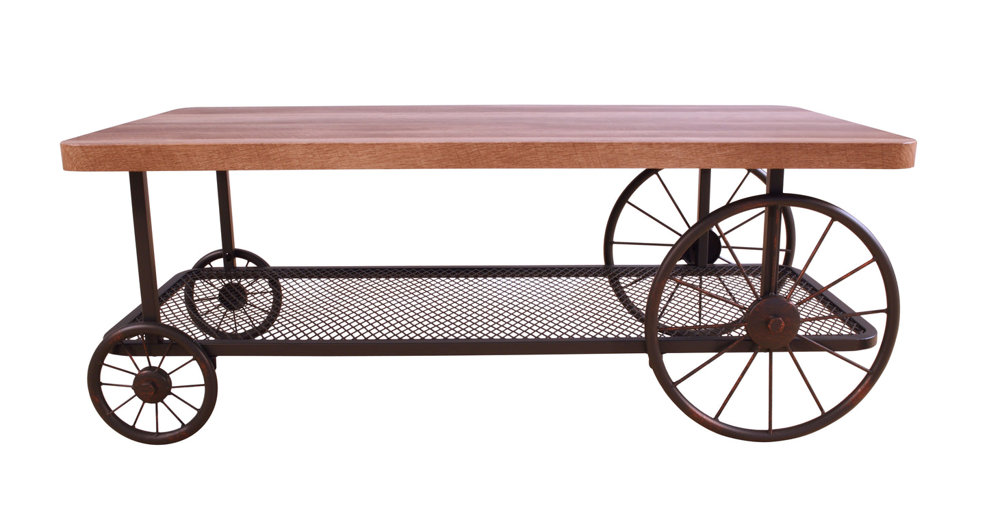 Rustic wooden coffee table with industrial metal wheels and shelf