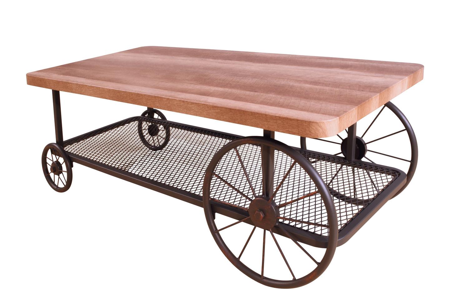 Rustic wood coffee table with industrial metal wheels and storage shelf