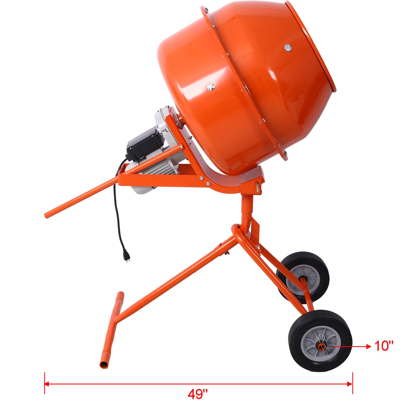 Orange portable cement mixer with electric motor and two wheels ideal for construction sites