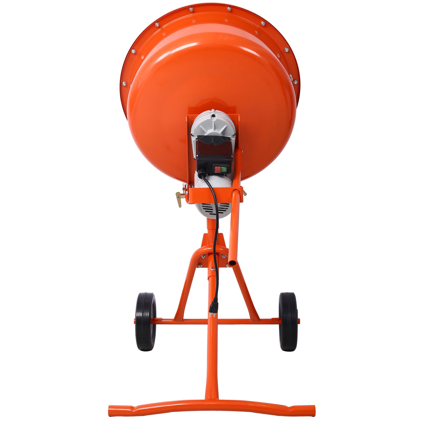 Orange electric cement mixer with a large drum and wheels